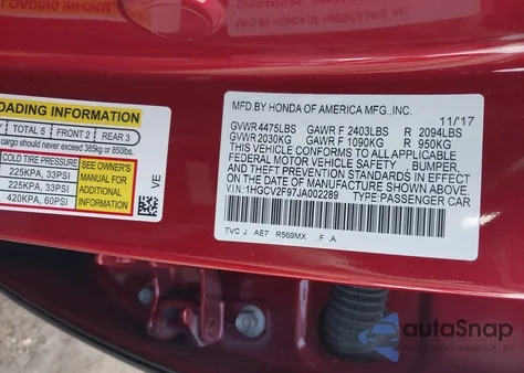 2018 Honda Accord Touring 2.0T z USA, uszkodzony, nr VIN 1HGCV2F97JA002289